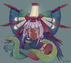 1boy aztec dark-skinned_male dark_skin facial_mark gradient_eyes headdress looking_at_viewer multicolored_eyes nessietsm onyx_equinox quetzalcoatl_(onyx_equinox) snake solo white_hair