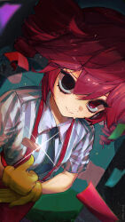 1girl alternate_costume black_necktie blue_background cloud collared_shirt confetti flat_chest from_above gloves hair_between_eyes hashtag-only_commentary help_(american_sign_language) highres kasane_teto looking_at_viewer mesmerizer_(vocaloid) mismatched_pupils necktie nervous_smile pants pupingai red_eyes red_pants shirt short_sleeves smile solo striped_clothes striped_shirt sweatdrop thumbs_up utau wing_collar yellow_gloves