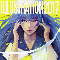 1girl 2017 black_sailor_collar blue_eyes blue_hair blue_nails expressionless hands_up hat illustration.media long_hair looking_at_viewer nail_polish original sailor_collar shirt signature simple_background solo wataboku white_hat white_shirt yellow_background yellow_neckwear