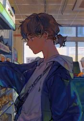 1boy adidas amo_(amo_0514) black_bag blue_eyes blue_jacket brown_hair ceiling chinese_commentary closed_mouth commentary_request convenience_store day drawstring earrings fanny_pack from_side hair_tie highres hood hood_down hooded_sweater indoors jacket jewelry long_sleeves looking_down low_ponytail male_focus open_clothes open_jacket original outstretched_arm ponytail price_tag profile shelf shop shopping short_hair short_ponytail solo sweater tile_ceiling tiles upper_body white_sweater