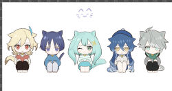 2girls 3boys :&lt; :3 ahoge alhaitham_(genshin_impact) alternate_costume animal_ears aqua_collar aqua_eyes aqua_hair aqua_skirt aqua_sweater barefoot bell beret black_pants blonde_hair blue_feathers blue_hair blue_sweater blush_stickers bright_pupils cable_knit casual cat_boy cat_ears cat_girl cat_tail chibi closed_mouth collar collared_shirt colored_tips contemporary cowlick double-parted_bangs drill_hair faruzan_(genshin_impact) feather_hair_ornament feathers genshin_impact green_eyes green_scarf grey_hair grey_sweater hair_between_eyes hair_ornament hair_over_one_eye hands_on_own_thighs hat highres jingle_bell kaveh_(genshin_impact) layla_(genshin_impact) long_hair looking_at_viewer measurements multicolored_hair multiple_boys multiple_girls pants parted_lips pom_pom_(clothes) purple_hair red_collar red_eyes red_pupils red_sweater ribbed_sweater ringlets sakanomachico scaramouche_(genshin_impact) scarf shirt sidelocks sitting skirt sleeveless sleeveless_sweater straight-on sweater symbol-shaped_pupils tail triangle-shaped_pupils twin_drills twintails white_collar white_hair white_pants white_pupils white_shirt white_sweater white_undershirt wispy_bangs x_hair_ornament yellow_eyes
