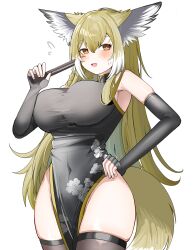 1girl :d absurdres animal_ear_fluff animal_ears arknights bare_shoulders black_dress blush breasts brown_eyes brown_hair brown_thighhighs covered_navel dress elbow_gloves fingerless_gloves flying_sweatdrops folded_fan folding_fan fox_ears fox_girl fox_tail gloves grey_gloves hair_between_eyes hand_fan hand_on_own_hip highres holding holding_fan large_breasts long_hair open_mouth pelvic_curtain simple_background skindentation sleeveless sleeveless_dress smile solo spam_(spamham4506) sweat tail thighhighs very_long_hair vulpisfoglia_(arknights) white_background