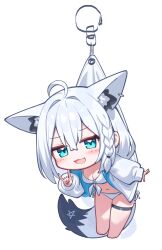 1girl ahoge animal_ears bikini breasts chibi cleavage deformed fox_ears fox_girl fox_shadow_puppet full_body highres hololive jacket jacket_over_swimsuit long_hair open_clothes open_jacket shirakami_fubuki side-tie_bikini_bottom simple_background solo swimsuit verdey virtual_youtuber white_background white_bikini white_hair white_jacket