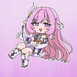 Rule 34 | 1girl, :d, asymmetrical gloves, bare shoulders, blush, boots, cake, cake slice, chibi, commentary request, dress, elbow gloves, elysia (herrscher of human: ego) (honkai impact), elysia (honkai impact), food, fork, fruit, full body, gloves, hair intakes, highres, holding, holding fork, holding plate, honkai (series), honkai impact 3rd, knees together feet apart, looking at viewer, mokkyo (motkyo), open mouth, outline, pink background, pink hair, plate, purple eyes, simple background, smile, solo, strawberry, white boots, white dress, white outline