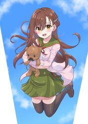 1girl black_thighhighs blush brown_hair day doll floating full_body gakkou_gurashi! green_skirt highres holding holding_doll jacket jumping long_hair pink_jacket rokkii_(pixiv77873722) sailor_collar school_uniform serafuku skirt sky smile solo stuffed_animal stuffed_toy swept_bangs teddy_bear thighhighs wakasa_yuuri yellow_eyes zettai_ryouiki