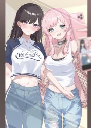 2girls :d absurdres arm_at_side armpit_crease bang_dream! bang_dream!_it&#039;s_mygo!!!!! bare_arms bare_shoulders black_collar black_hair blue_pants blue_shirt blurry blush breasts brown_jacket cellphone cellphone_photo chihaya_anon cleavage clothes_writing collar commentary_request cowboy_shot crop_top crop_top_overhang denim depth_of_field fang grey_eyes hands_up heart_collar highres holding holding_phone houji_tea_latte indoors jacket jeans large_breasts locked_arms long_hair long_sleeves looking_at_viewer midriff mirror multiple_girls navel off_shoulder official_alternate_costume open_clothes open_jacket open_mouth outstretched_arm pants phone pink_hair purple_eyes selfie shiina_taki shirt side-by-side smartphone smile standing sweatdrop taking_picture tank_top teeth torn_clothes torn_jeans torn_pants two-tone_shirt upper_teeth_only v-shaped_eyebrows white_shirt white_tank_top