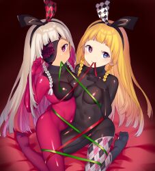 2girls absurdres alyce_(dohna_dohna) argyle asymmetrical_docking black_bodysuit blonde_hair blue_eyes blush bodysuit braid breast_press breasts bright_pupils colored_inner_hair covered_navel dark-skinned_female dark_skin dohna_dohna_issho_ni_warui_koto_o_shiyou eyepatch green_ribbon grey_hair hairband hand_up heterochromia highres kneeling long_hair looking_at_viewer medium_breasts mirror_opposites mouth_hold multicolored_hair multiple_girls pink_bodysuit pink_eyes pink_hair print_eyepatch red_ribbon ribbon siblings side_braids sisters skin_tight smile twins two-tone_bodysuit two-tone_hair white_pupils yammy_(dohna_dohna) yononaka yuri