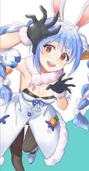 Rule 34 | absurdres, animal ear fluff, animal ears, arm garter, black gloves, blue hair, bow, braid, breasts, carrot hair ornament, don-chan (usada pekora), dress, food-themed hair ornament, fur-trimmed gloves, fur trim, gloves, hair ornament, highres, hololive, long hair, multicolored eyes, open mouth, pantyhose, pom pom (clothes), rabbit ears, rabbit girl, shoes, small breasts, teeth, twin braids, upper teeth only, usada pekora, usada pekora (1st costume), v84014729, virtual youtuber, white bow, white dress, white shoes, yellow eyes