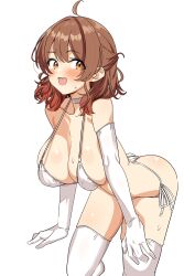 1girl absurdres bare_shoulders bikini blush breasts brown_eyes brown_hair choker cleavage collarbone elbow_gloves gakuen_idolmaster gloves hanami_ume highres idolmaster large_breasts looking_at_viewer open_mouth seihekiog short_hair smile solo swimsuit thighhighs thighs white_background white_bikini white_choker white_gloves white_thighhighs