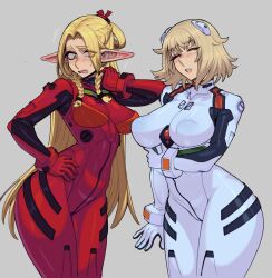 2girls ayanami_rei ayanami_rei_(cosplay) blonde_hair bodysuit braid breasts brown_hair cosita_art cosplay dungeon_meshi elf falin_touden falin_touden_(tallman) green_eyes highres large_breasts long_hair marcille_donato mecha_pilot_suit multiple_girls neon_genesis_evangelion plugsuit_(evangelion) pointy_ears red_bodysuit short_hair simple_background skin_tight souryuu_asuka_langley souryuu_asuka_langley_(cosplay) white_bodysuit
