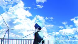 Rule 34 | 1boy, arms at sides, behind-the-head headphones, black jacket, blazer, blue hair, blue sky, cloud, cloudy sky, day, facing away, hands in pockets, headphones, jacket, listening to music, male focus, outdoors, persona, persona 3, railing, school uniform, shirt, sky, tsukitaka, watermark, white shirt, windmill, yuuki makoto (persona 3)