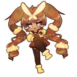 1girl :o artist_name black_gloves black_pantyhose black_sclera blush boots brown_dress brown_hair buck_teeth chibi chibi_only colored_sclera dress female_focus fighting_stance fingerless_gloves flat_chest gen_4_pokemon gloves hair_ornament hair_scrunchie hands_up humanization jacket leg_up long_hair long_sleeves looking_at_viewer lopunny mega_lopunny mega_pokemon nintendo open_clothes open_jacket open_mouth pantyhose paw_shoes pink_eyes pokemon rabbit_tail ranya_(nya_wl_2) scrunchie short_dress short_tail signature simple_background solo standing standing_on_one_leg tail teeth torn_clothes torn_pantyhose twintails very_long_hair white_background yellow_boots yellow_jacket yellow_scrunchie