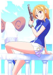 Rule 34 | 1girl, arm support, bangle, bare legs, birthday, blue sandals, blue shirt, blue sky, border, bracelet, breasts, brown eyes, buruu4000, cloud, cloudy sky, commentary, feet out of frame, from side, going merry, gun, hair behind ear, highres, holding, holding gun, holding weapon, horizon, jewelry, legs, log pose, looking at viewer, medium breasts, miniskirt, nami (one piece), nami (one piece) (water 7), necktie, ocean, official alternate costume, one piece, orange eyes, orange hair, outdoors, outside border, parted lips, pirate ship, pleated skirt, sandals, shirt, short hair, short sleeves, single sidelock, sitting, skirt, sky, solo, thighs, weapon, white border, white skirt