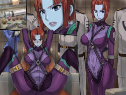 10s ahoge angry arms_behind_back arms_behind_head arms_up blue_eyes blue_skin blush bodysuit breasts clenched_teeth colored_skin eyebrows gamilas kameneji lips looking_at_viewer melda_deitz parted_lips pilot_suit red_hair shiny_clothes short_hair sitting skin_tight solo_focus spread_legs standing sweat syringe teeth uchuu_senkan_yamato uchuu_senkan_yamato_2199