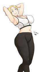 1girl armpits arms_behind_back arms_behind_head arms_up bare_shoulders belly black_legwear blonde_hair blush breasts commentary_request crotch curvy dated exercising female_focus grin knees large_breasts legs navel nipples no_bra pants pantylines shirt short_hair sideboob signature simple_background sleeveless sleeveless_shirt smile solo standing stretching teeth thick_thighs thighs tight_clothes tight_pants tight_shirt torso tsukudani_(coke-buta) white_background white_shirt yoga_pants