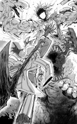 1boy 1girl axe coat coat_on_shoulders comic duel e.g.o_(project_moon) fighting highres holding holding_axe incoming_attack kankan33333 kromer_(project_moon) limbus_company medium_hair monochrome monster project_moon running sinclair_(project_moon) smile spoilers
