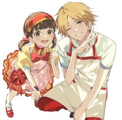 1boy 1girl absurdres apron brown_hair doujima_nanako grin hanamura_yousuke highres looking_at_viewer mnce_o one_eye_closed open_mouth orange_hair persona persona_4 red_shoes shirt shoes short_hair simple_background smile socks teeth white_apron white_background white_shirt white_socks yellow_shirt