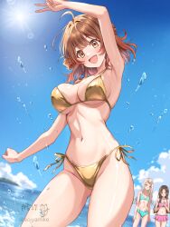 3girls aqua_bikini arm_up artist_name beach bikini blonde_hair blush brown_hair commentary_request day gakuen_idolmaster gold_bikini hanami_ume highres idolmaster kuramoto_china long_hair multiple_girls navel open_mouth outdoors pink_bikini shinosawa_hiro short_hair side-tie_bikini_bottom skindentation skinny smile solo_focus standing stomach swimsuit tsukiyuki_mike v
