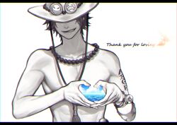 1boy arm_tattoo blue_sky bracelet elbow_pads english_text freckles hat highres jewelry kazuto_(kazu_one_a) letterboxed limited_palette log_pose male_focus ocean one_piece portgas_d._ace short_hair simple_background single_elbow_pad sky smile solo tattoo topless_male