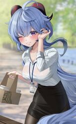 1girl absurdres adjusting_hair ahoge black_skirt blue_hair blurry blurry_background blush breasts cleavage collared_shirt cup cup_holder depth_of_field dienot0 disposable_cup ganyu_(genshin_impact) genshin_impact goat_horns grin highres holding holding_cup horns lanyard large_breasts long_hair long_sleeves no_bra office_lady one_eye_closed outdoors pantyhose pencil_skirt purple_eyes shirt skirt smile solo sweat very_long_hair wavy_hair white_shirt