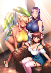3girls arched_back blonde_hair bracelet breasts brown_hair buttons cleavage cone_hair_bun couch double-breasted gradient_hair green_eyes grin hair_bun hand_on_another&#039;s_shoulder hidaka_fuyuka hidaka_manatsu huge_breasts indoors jewelry kan&#039;ochi_x_netorare_kazoku_~anata_yurushite._watakushi-tachi_uwaki_sex_ni_honki_de_hamacchatta_no~ kimura_yumiko large_breasts light_rays long_hair looking_at_viewer minamoto_(mutton) multicolored_hair multiple_girls necklace official_art on_couch photoshop_(medium) pink_hair pink_thighhighs plant potted_plant purple_hair red_eyes sandals shiraki_yuna short_hair short_shorts shorts sitting sleeveless smile standing tan tanline thighhighs two-tone_hair two_side_up