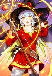 Rule 34 | 1girl, :d, absurdres, bandaged leg, bandages, belt, black gloves, black headwear, black thighhighs, blonde hair, blush, brown belt, cape, cat, chomusuke, commentary request, cosplay, cowboy shot, dress, fingerless gloves, flower, gloves, hat, highres, holding, holding staff, kim chelswuchelswu, kono subarashii sekai ni shukufuku wo!, long hair, long sleeves, looking at viewer, megumin, megumin (cosplay), multicolored hair, open mouth, red dress, red flower, red rose, rose, silver hair, single thighhigh, smile, sparkle, staff, standing, teeth, thighhighs, upper teeth only, v-shaped eyebrows, w, wings, witch hat