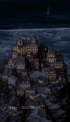 absurdres architecture bird building city_lights cityscape european_architecture field foliage franrekk grass highres house night no_humans ocean original outdoors pixel_art plant rock scenery tree water