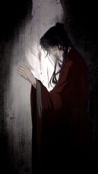 Rule 34 | 130252472701, 2boys, black hair, blood, blood on clothes, blood on face, blood on hands, blood on neck, chinese clothes, chinese commentary, dao gui yi xian, dark, fading, from side, ghost, hair bun, hanfu, highres, hug, li huowang, long hair, long sleeves, looking down, male focus, multiple boys, profile, red eyes, red robe, robe, single hair bun, solo, solo focus, standing, white robe, wide sleeves, yaoi, zhuge yuan