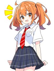 1girl :d ahoge blue_skirt blush collared_shirt commentary_request cowboy_shot dot_nose highres kotatsu-mazoku long_hair looking_at_viewer necktie notice_lines open_mouth orange_eyes orange_hair original plaid_clothes plaid_skirt pleated_skirt red_necktie school_uniform shirt short_sleeves simple_background skirt smile solo striped_necktie twintails white_background white_shirt