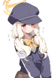 1girl aoba_(blue_archive) black_hat black_jacket blue_archive bow bowtie brown_shirt cabbie_hat flying_sweatdrops grey_hair halo hat highres jacket looking_at_viewer low_twintails orange_halo red_eyes shirt simple_background solo sweatdrop twintails white_background yellow_bow yellow_bowtie zundamochi_(sera)