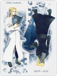 1boy ascot bad_id bad_pixiv_id black_boots black_border black_coat black_coat_(kingdom_hearts) black_pants blonde_hair blue_background book boots border coat crossed_arms dual_persona english_text even_(kingdom_hearts) grey_background hair_intakes holding holding_book holding_shield hood hood_down hooded_coat kingdom_hearts lab_coat long_coat long_hair male_focus multiple_views open_book outline pants parted_bangs parted_lips purple_ascot reading rotational_symmetry shield tore_(ksg666xxx) upside-down vexen white_outline