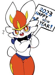 +++ 1girl animal_hands black_bow black_bowtie blue_fur blush body_fur bow bowtie bright_pupils buck_teeth chinese_zodiac cinderace cowboy_shot dated female_focus flat_chest furry furry_female gen_8_pokemon hands_up happy highres holding holding_sign legs_together looking_at_viewer multicolored_fur nintendo open_mouth pokemon pokemon_(creature) rabbit_ears rabbit_girl rabbit_tail red_eyes red_fur red_hair short_hair sign simple_background smile solo standing tagyeokgam teeth thighs traditional_bowtie white_background white_fur white_pupils year_of_the_rabbit yellow_fur