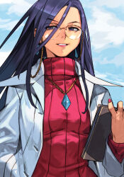 Rule 34 | 1girl, cloud, cloudy sky, coat, earrings, hand in pocket, holding, holding notebook, hungry clicker, jewelry, justice gakuen, long hair, looking at viewer, minazuki kyouko, nail polish, necklace, notebook, parted lips, purple eyes, purple hair, red sweater, sky, solo, sweater, white coat