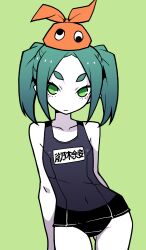 1girl :| akableak aqua_hair arm_behind_back arms_at_sides bare_shoulders black_one-piece_swimsuit breasts character_name closed_mouth collarbone colored_skin commentary contrapposto covered_navel cowboy_shot english_commentary expressionless gluteal_fold green_background green_eyes hat highres hikimayu long_hair looking_at_viewer monogatari_(series) name_tag old_school_swimsuit one-piece_swimsuit ononoki_yotsugi orange_hat parted_bangs school_swimsuit short_eyebrows sidelocks simple_background small_breasts solo swimsuit thick_eyebrows thigh_gap twintails white_skin