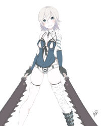 1girl bandaged_arm bandaged_leg bandages black_gloves blush breasts cosplay gloves grey_hair holding holding_sword holding_weapon kaine_(nier) lingerie looking_at_viewer medium_breasts navel neve_(morris-minicooper) nier nier_(series) panties short_hair simple_background smile solo sword underwear weapon white_background white_hair yonah