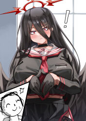 ! 1boy 1girl absurdres black_choker black_gloves black_hair black_shirt black_skirt blue_archive breasts choker doodle_sensei_(blue_archive) gloves hair_between_eyes halo hasumi_(blue_archive) highres huge_breasts long_hair mahoro_(minase_mahoro) red_eyes red_halo sensei_(blue_archive) shirt skirt solo_focus very_long_hair