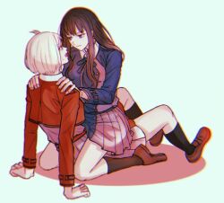 black_hair black_socks blonde_hair blue_background blue_dress brown_shoes closed_mouth commentary_request dress hand_on_another&#039;s_shoulder inoue_takina kneehighs kumabehaso long_hair lycoris_recoil lycoris_uniform nishikigi_chisato open_mouth purple_eyes red_dress red_eyes shoes short_hair simple_background sitting sitting_on_lap sitting_on_person socks yuri