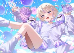 1girl :d absurdres banpen_(todoroki_hajime) blonde_hair blue_sky blurry blurry_background bouquet cake choker cloud commentary_request confetti day flower food happy_birthday highres holding holding_cake holding_food hololive hololive_dev_is iridescent jacket leg_warmers legwear_garter looking_at_viewer midair mui_maru multicolored_hair open_mouth outdoors purple_eyes purple_flower purple_hair purple_rose rose shirt short_hair short_shorts shorts sky sleeves_past_wrists smile solo streaked_hair teeth todoroki_hajime todoroki_hajime_(1st_costume) two_side_up upper_teeth_only v virtual_youtuber white_choker white_jacket white_leg_warmers white_shirt white_shorts