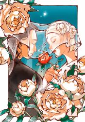 Rule 34 | 1boy, 1girl, black hair, blush, border, bride, closed eyes, closed mouth, couple, eyelashes, eyeshadow, fingernails, flower, groom, hair flower, hair ornament, highres, holding, holding flower, leaf, lips, makeup, nail polish, original, parted lips, red flower, red lips, short hair, trym hinano, veil, wavy hair, wedding, white border, white flower, white hair, white nails, white veil