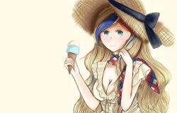 akatsukiiovo aqua_eyes blonde_hair breasts cleavage commandant_teste_(kancolle) food hat hat_ribbon ice_cream kantai_collection long_hair low-cut multicolored_hair multicolored_scarf plaid_clothes plaid_scarf ribbon scarf simple_background solo streaked_hair sun_hat swept_bangs wavy_hair