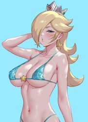 1girl bikini blonde_hair blue_background blue_bikini blush breasts collarbone crop_top earrings hair_over_one_eye half-closed_eyes jewelry large_breasts lips long_hair mario_(series) navel nintendo open_mouth rosalina simple_background solo standing star_(symbol) star_earrings star_print super_mario_galaxy sweat swimsuit taka-michi upper_body