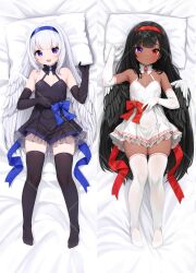 2girls black_dress black_hair black_thighhighs black_wings blue_eyes breasts closed_mouth commentary commission comodox dakimakura_(medium) dark-skinned_female dark_skin dress english_commentary feathered_wings frilled_dress frills from_behind hairband halterneck heterochromia highres long_hair looking_at_viewer lying multiple_girls on_back open_mouth original purple_eyes red_eyes red_hairband skindentation small_breasts thighhighs very_long_hair watermark white_dress white_hair white_thighhighs white_wings wings