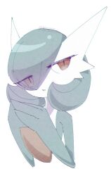 bob_cut colored_skin gardevoir gen_3_pokemon green_hair green_skin hair_over_one_eye multicolored_skin narumiya_pkmn nintendo own_hands_together parted_lips pink_eyes pokemon pokemon_(creature) signature simple_background two-tone_skin white_background white_skin