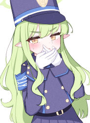 1girl akarenga black_hat black_jacket black_skirt blonde_hair blue_archive close-up fang gloves green_hair green_halo halo hat hikari_(blue_archive) jacket looking_at_viewer pointy_ears school_uniform simple_background skin_fang skirt solo tears twitter white_background white_gloves
