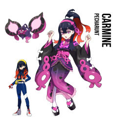 1girl absurdres alternate_costume alternate_hairstyle black_hair carmine_(pokemon) colored_inner_hair crossed_bangs hair_between_eyes high_ponytail highres japanese_clothes kimono long_hair long_sleeves mind_control mole mole_under_eye multicolored_hair nintendo obi official_style open_mouth pecharunt pokemon pokemon_(creature) pokemon_sv ponytail red_hair rhymewithray sash simple_background two-tone_hair wide_sleeves