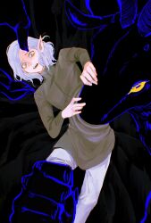 1boy animal black_background commentary crying demon dungeon_meshi elf english_commentary goat goat_(dungeon_meshi) grey_eyes grey_hair high_collar highres horizontal_pupils horns leg_grab long_sleeves male_focus medium_hair mithrun outline pants pointy_ears purple_outline pushing_away scared shirt tears wavy_hair wide-eyed xiaoarts yellow_eyes