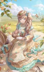 1girl apron aqua_bow aqua_umbrella artist_request back_bow blue_eyes blue_sky blunt_bangs bouquet bow branch brown_bow brown_butterfly brown_dress brown_hair brown_hat closed_umbrella cloud collared_dress collared_shirt cup dress eyelashes floral_print flower food frilled_dress frilled_shirt_collar frills full_body game_cg green_flower hair_bow hat hat_bow hat_flower high_collar highres hill holding holding_cup holding_saucer lace-trimmed_headwear lace_trim leaf light_particles lolory_(shining_nikki) long_dress long_hair long_sleeves looking_at_viewer muffin nikki_(series) official_art open_mouth orange_flower parasol picnic picnic_basket picnic_blanket pinwheel plaid_clothes plaid_dress plate puffy_long_sleeves puffy_sleeves rose saucer shining_nikki shirt shirt_under_dress side_ponytail sitting sky sleeve_cuffs smile solo sun_hat sunrise_blossom_(shining_nikki) teacup teapot tree tulip umbrella waist_apron wavy_hair white_apron white_flower white_rose white_shirt yellow_flower yokozuwari