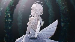 1girl angel_wings arch back bare_back bare_shoulders blurry blurry_background braid braided_bun chinese_commentary commentary cross_hair_ornament dim_lighting dress elbow_gloves floral_arch flower from_behind gloves gold_trim hair_bun hair_ornament hairclip halo halter_dress halterneck highres light_particles liv:_empyrea_(wings_of_dawn)_(pgr) liv_(pgr) long_hair looking_ahead low_wings mechabare mechanical_halo mechanical_wings multiple_wings official_alternate_costume profile punishing:_gray_raven shoulder_tattoo solo tattoo upper_body white_dress white_hair white_halo wings yellow_eyes zhou_huan_(dgpe2833)