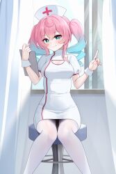1girl absurdres blush breasts cleavage_cutout clothing_cutout dress drill_hair gradient_hair green_hair hat highres honkai:_star_rail honkai_(series) hyacine_(honkai:_star_rail) indoors large_breasts looking_at_viewer multicolored_hair nurse nurse_cap pink_hair sitting smile solo twin_drills white_dress wrist_cuffs zerotwenty_(020)