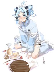 1girl aegis-link ahoge apron bandaid bandaid_on_leg bike_shorts black_ribbon black_shorts blue_eyes blue_hair blue_nails blue_socks diamond-shaped_pupils diamond_(shape) fang food fruit hair_ornament hair_ribbon heart heart_hair_ornament highres loose_socks maid_headdress name_tag open_mouth ribbon sa1t_water shoes shorts socks solo spill spoon strawberry symbol-shaped_pupils tearing_up tray triggerphish white_apron white_background white_shoes zipper_pull_tab